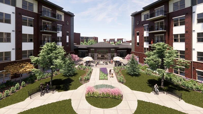 Rendering of Oak Trace Senior Living Community featuring new courtyard space