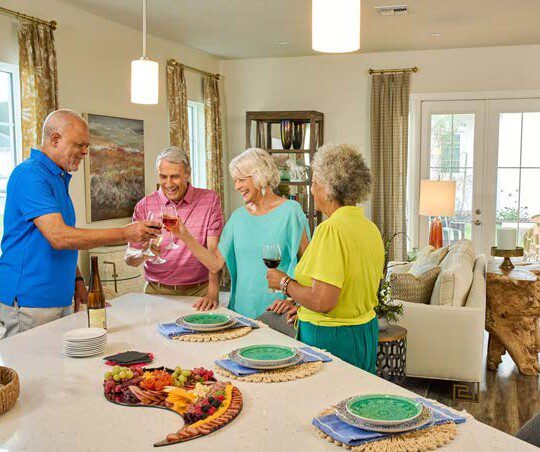 group of seniors gather in a villa home for snacks, drinks, and games