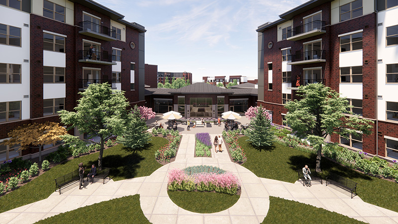Rendering of Oak Trace Senior Living Community featuring new courtyard space